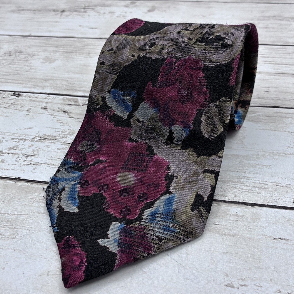 Buckingham Men's Floral Abstract Necktie Black Burgundy Blue Gray Woven Tie USA